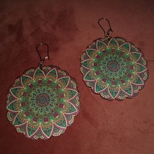 BOGO SALE Big Bohemian Flower Mandala Earrings Wood Purple Green Hippie Festival